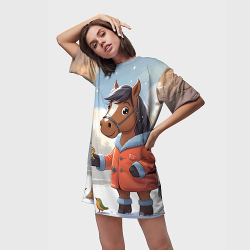 Женская длинная футболка Лошадка на зимней прогулке / 3D-принт – фото 3