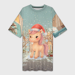 Футболка женская длинная Маленькая новогодняя милая лошадка, цвет: 3D-принт
