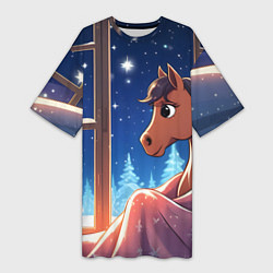 Женская длинная футболка Лошадка зимней звездной ночью