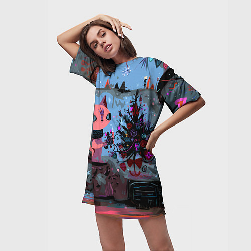 Женская длинная футболка Кошка празднует Новый год / 3D-принт – фото 3