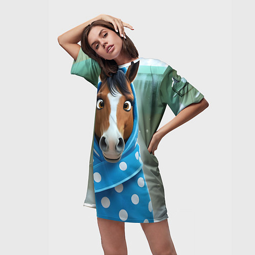 Женская длинная футболка Конь в полотенце / 3D-принт – фото 3