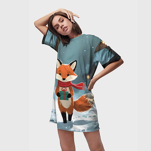 Женская длинная футболка Лисичка с подарком зимой / 3D-принт – фото 3