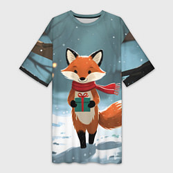 Футболка женская длинная Лисичка с подарком зимой, цвет: 3D-принт