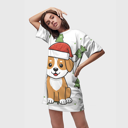 Женская длинная футболка Новогодняя собачка в шапочке / 3D-принт – фото 3