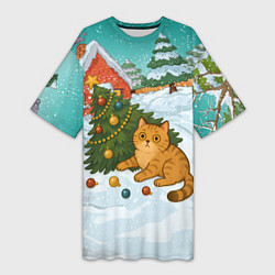Футболка женская длинная Толстый кот уронил елку, цвет: 3D-принт