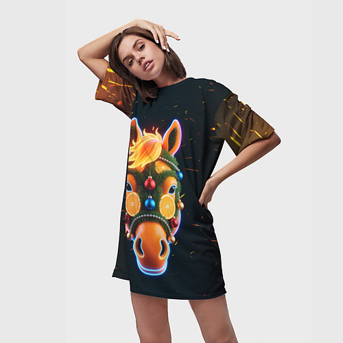 Женская длинная футболка Новогодняя мандариновая лошадь / 3D-принт – фото 3