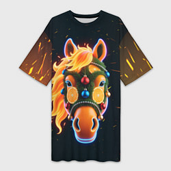 Футболка женская длинная Новогодняя мандариновая лошадь, цвет: 3D-принт