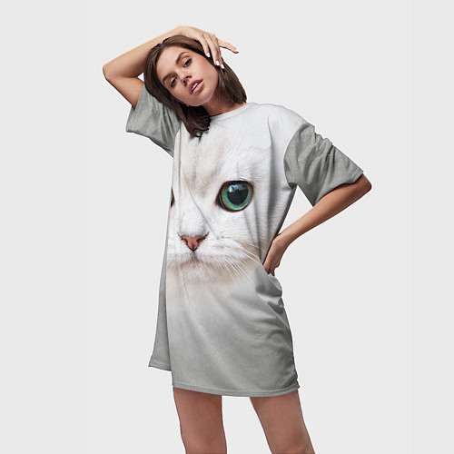 Женская длинная футболка Белый котик / 3D-принт – фото 3
