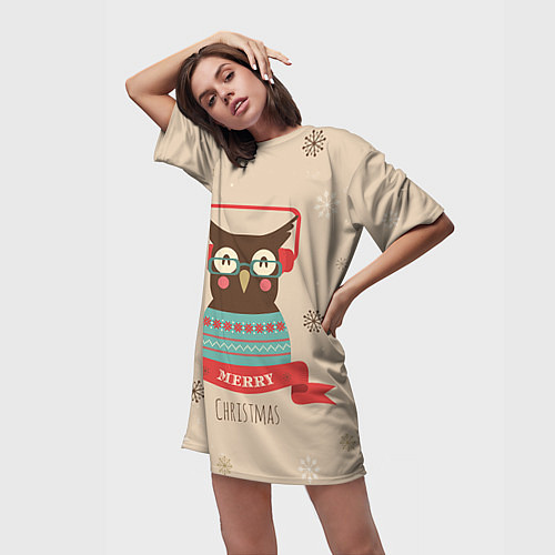 Женская длинная футболка Сова в наушниках / 3D-принт – фото 3