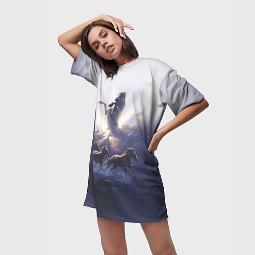 Женская длинная футболка Небесные лошади / 3D-принт – фото 3
