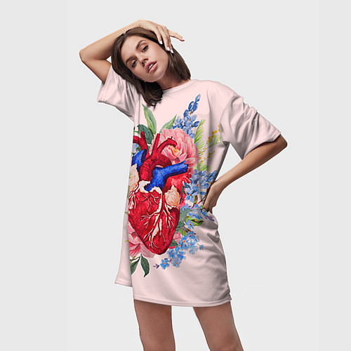 Женская длинная футболка Цветочное сердце / 3D-принт – фото 3