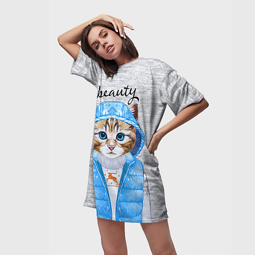 Женская длинная футболка Модная киска / 3D-принт – фото 3