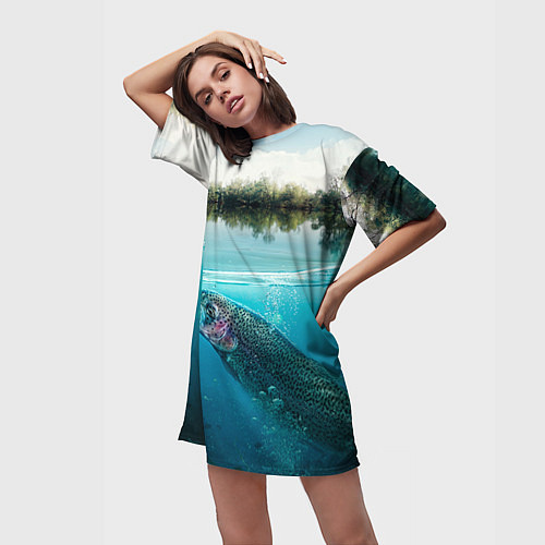 Женская длинная футболка Рыбалка на спиннинг / 3D-принт – фото 3