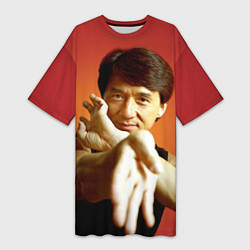 Футболка женская длинная Джеки Чан ставит блок, цвет: 3D-принт