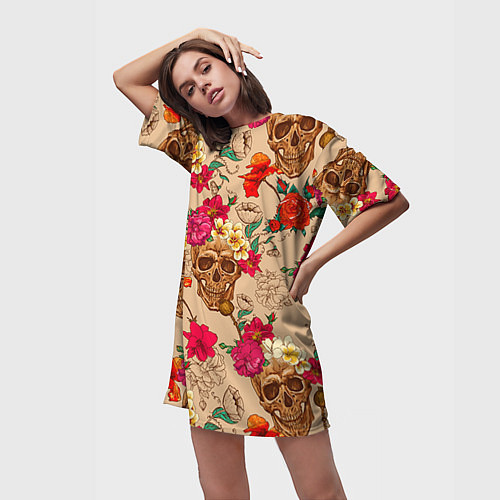 Женская длинная футболка Черепа в цветах / 3D-принт – фото 3