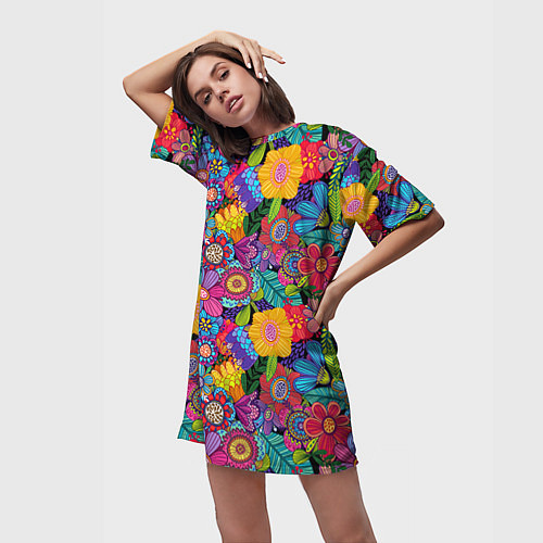 Женская длинная футболка Яркие цветы / 3D-принт – фото 3