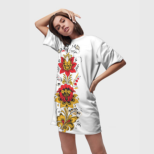 Женская длинная футболка Хохлома: цветы / 3D-принт – фото 3