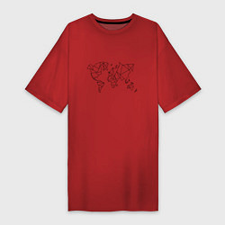 Футболка женская-платье Карта мира-минимализм, цвет: красный
