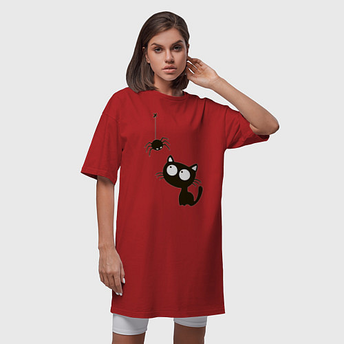 Женская футболка-платье Котик и паучек / Красный – фото 3