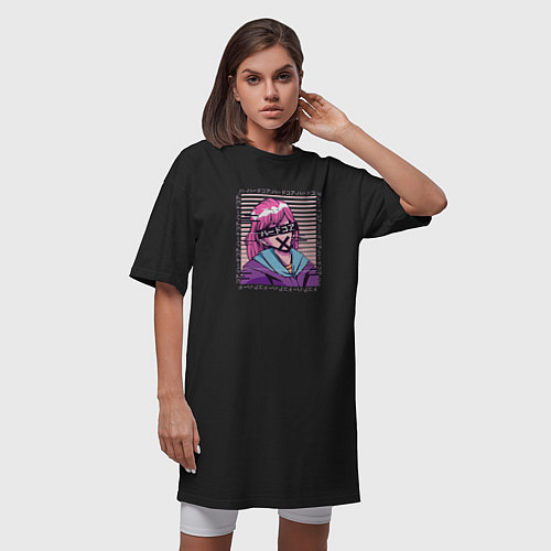 Женская футболка-платье Глитч аниме девочка / Черный – фото 3