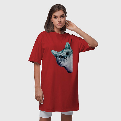 Женская футболка-платье Любопытный кот / Красный – фото 3