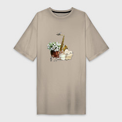 Женская футболка-платье Саксофон кот ноты