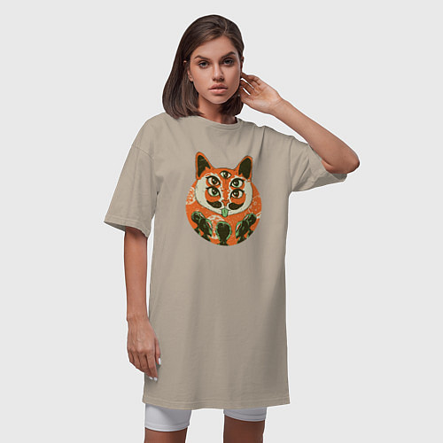 Женская футболка-платье Абстрактный кот пришелец / Миндальный – фото 3