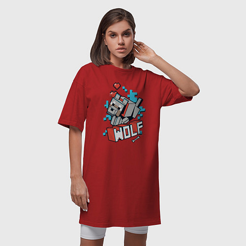 Женская футболка-платье Майнкрафт Волк, Minecraft Wolf / Красный – фото 3
