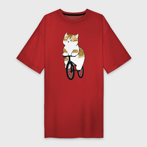 Женская футболка-платье Котик на велосипеде / Красный – фото 1