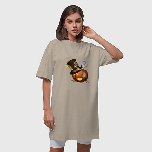 Женская футболка-платье Хэллоуин в стиле стимпанк с тыквой в шляпе / Миндальный – фото 3