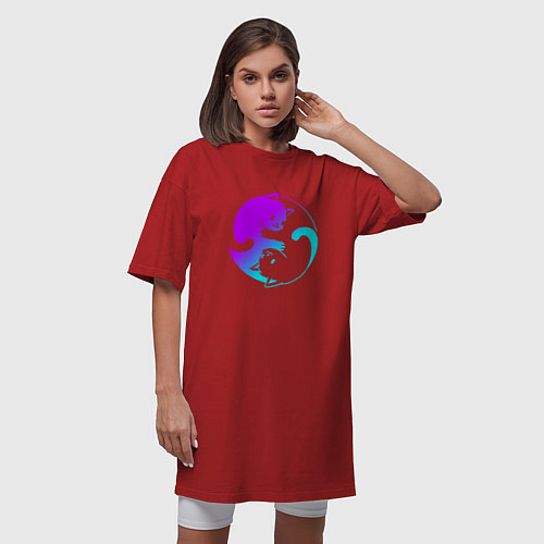 Женская футболка-платье ИНЬ ЯНЬ КОТИКИ В НЕОНЕ / Красный – фото 3