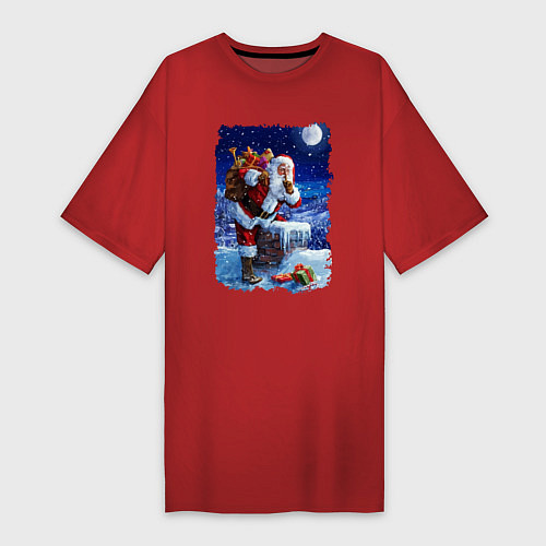 Женская футболка-платье Дед Мороз с подарками на крыше / Красный – фото 1