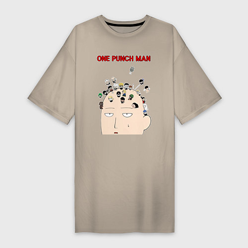 Женская футболка-платье Все персонажи One Punch-Man на голове Сайтамы / Миндальный – фото 1