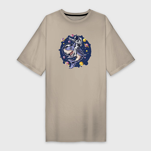 Женская футболка-платье Космонавт верхом на акуле / Миндальный – фото 1