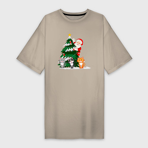 Женская футболка-платье Санта передает вам привет / Миндальный – фото 1