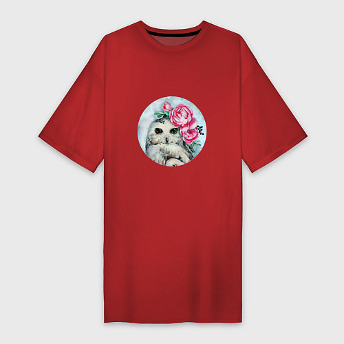 Женская футболка-платье Полярная сова с цветами Акварель / Красный – фото 1