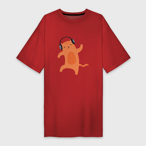 Женская футболка-платье Котик в наушниках 2022 / Красный – фото 1