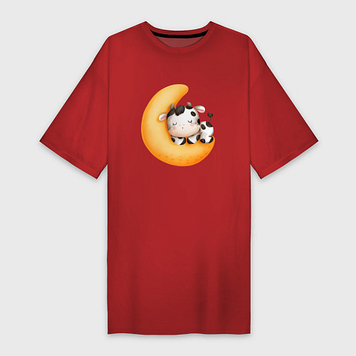 Женская футболка-платье Спящий бычок на месяце / Красный – фото 1