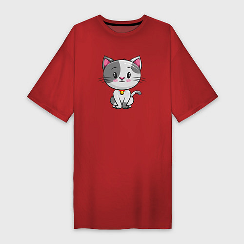 Женская футболка-платье Серый маленький котенок / Красный – фото 1