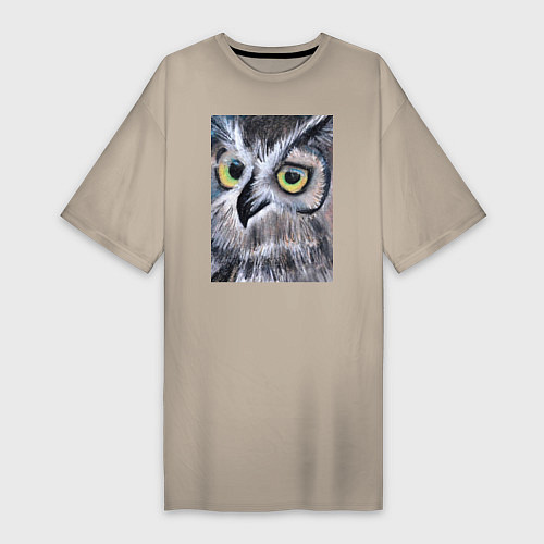 Женская футболка-платье Взгляд жёлтых глаз лесной совы / Миндальный – фото 1