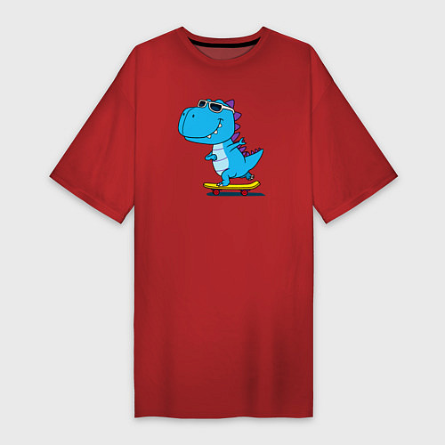 Женская футболка-платье Динозавр скейтбордист / Красный – фото 1
