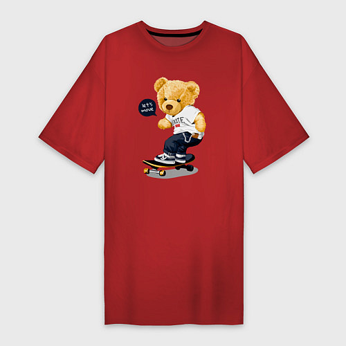 Женская футболка-платье Мишка скейтбордист / Красный – фото 1