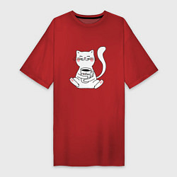 Футболка женская-платье Белый кот с кофе, цвет: красный