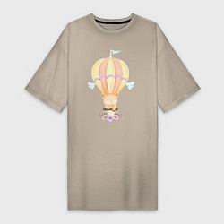 Женская футболка-платье Милый Лисёнок Летит На Воздушном Шаре С Цветами