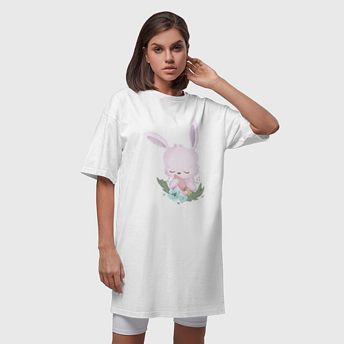 Женская футболка-платье Милый Крольчонок С Морковкой И Цветами / Белый – фото 3