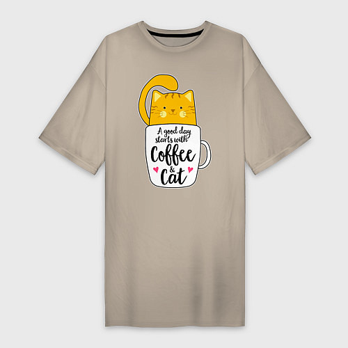 Женская футболка-платье Хорошее утро начинается с кофе и кошек / Миндальный – фото 1