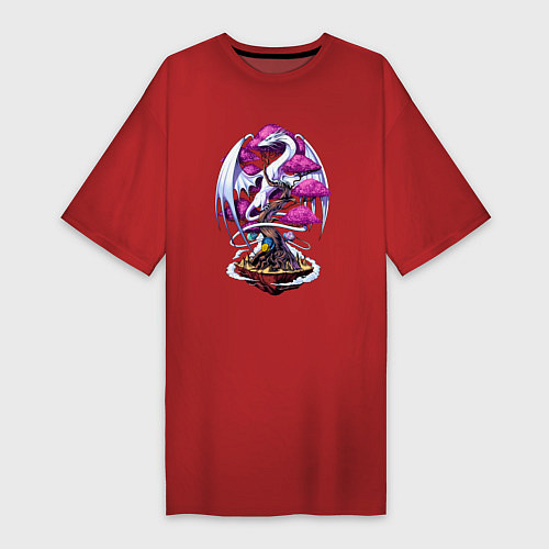 Женская футболка-платье Дракон на дереве - космическая метаморфоза / Красный – фото 1
