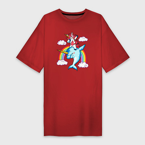 Женская футболка-платье Единорог верхом на нарвале даббинг / Красный – фото 1
