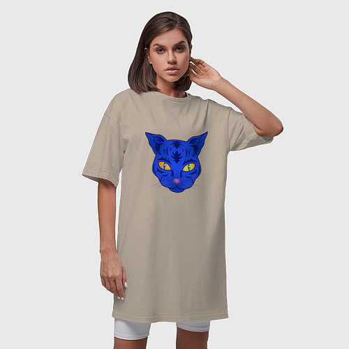 Женская футболка-платье Иллюстрация неоновой кошки / Миндальный – фото 3