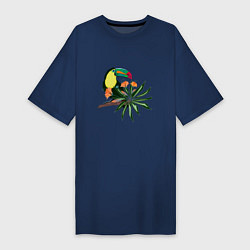 Футболка женская-платье Птица тукан с цветами и листьями, цвет: тёмно-синий